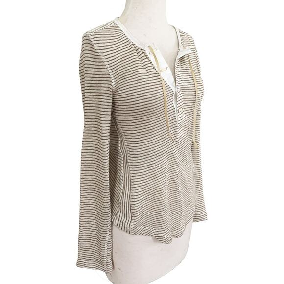 Free People Desert Rider FP Heirloom Striped Henley Top Brown Linen Blend LS XS - Picture 4 of 7
